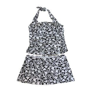 Lands End Womens 26W Swimsuit Set Halter Top Skirt Black White Floral Soft Cup